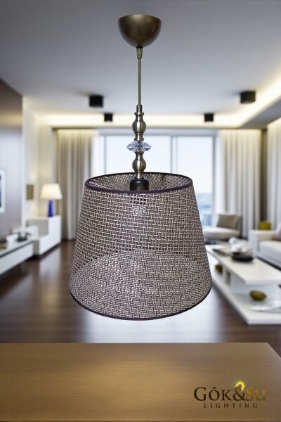 Rattan Eda Model Cam Taşlı Konik Avize Kahverengi