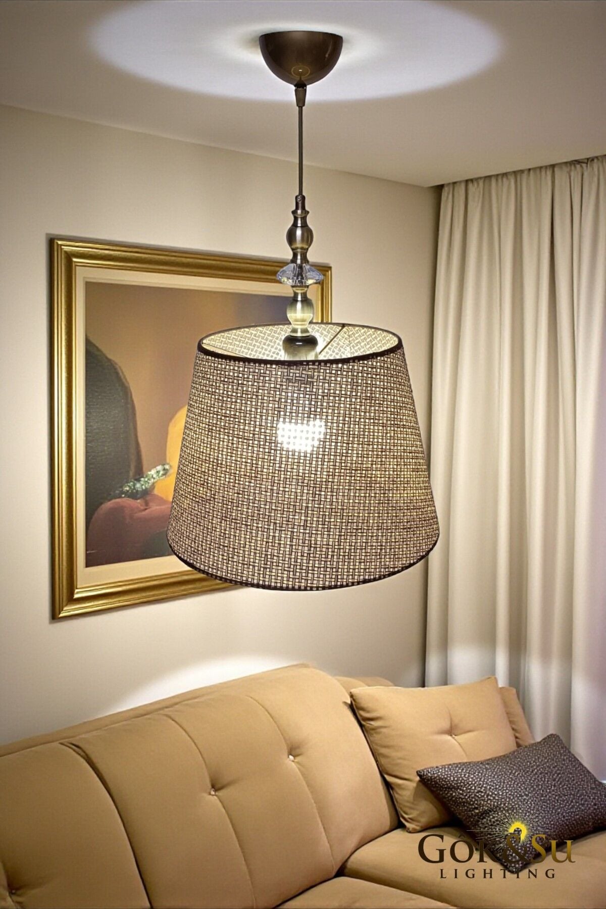 Rattan Eda Model Cam Taşlı Konik Avize Kahverengi