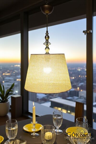 Rattan Eda Model Cam Taşlı Konik Avize Bej Rengi