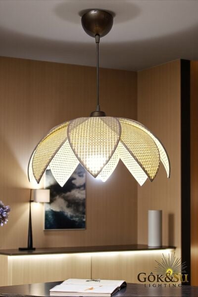 Rattan Desenli Lotus Tasarım Sarkıt Avize Naturel Renk