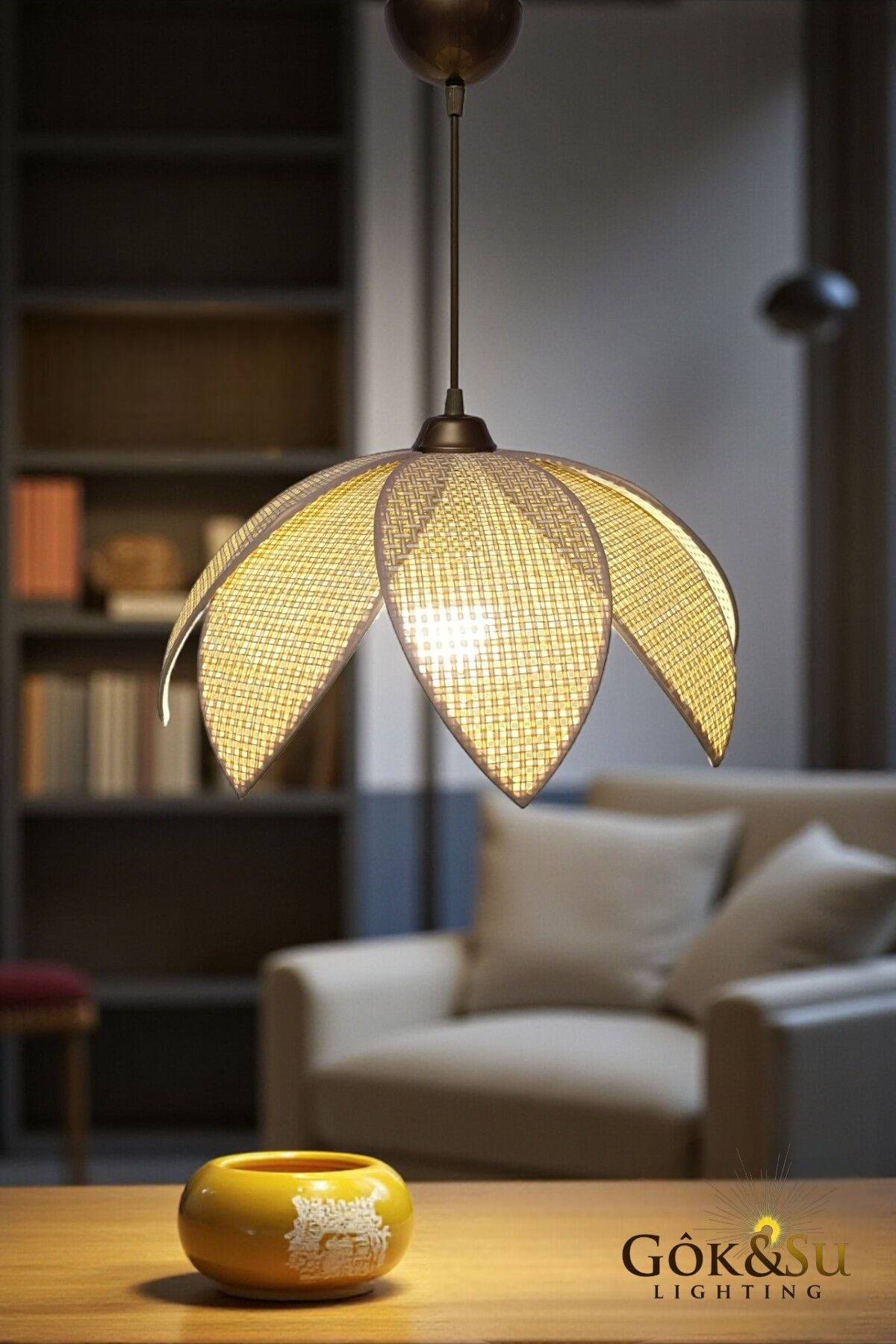 Rattan Desenli Lotus Tasarım Sarkıt Avize Naturel Renk