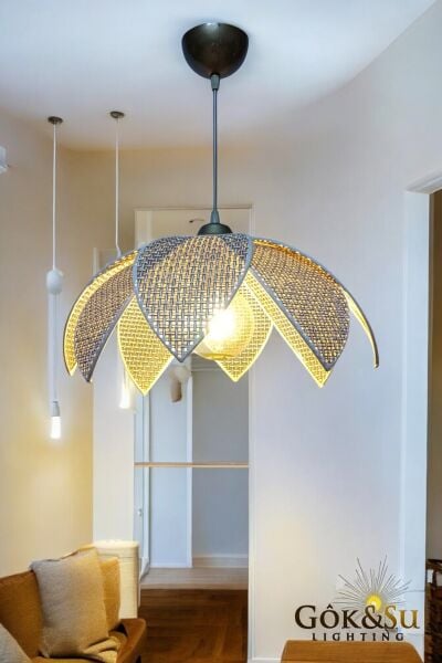Rattan Desenli Lotus Tasarım Sarkıt Avize Kahverengi
