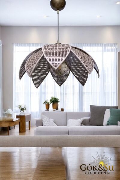 Rattan Desenli Lotus Tasarım Sarkıt Avize Kahverengi