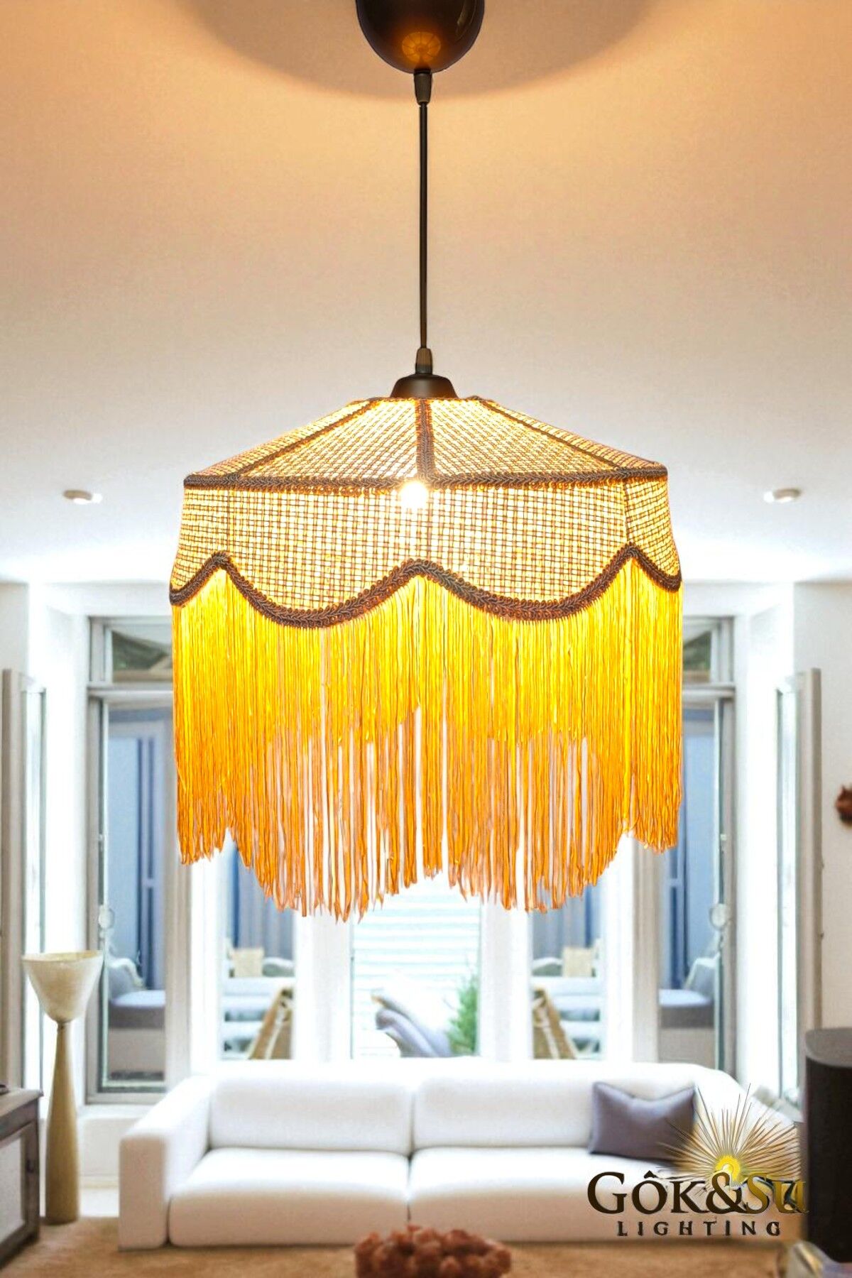 Rattan Melora Püsküllü Sarkıt Avize Natrel Renk