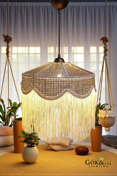 Rattan Melora Püsküllü Sarkıt Avize Kahverengi Renk