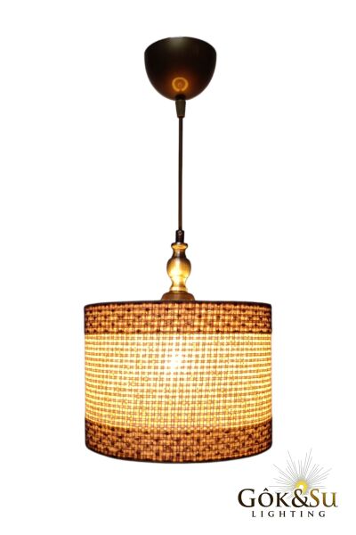 Silindir Kontrast Dokulu - Modern Rustik Hasır Örgü Sarkıt Avize - Naturel Kahverengi