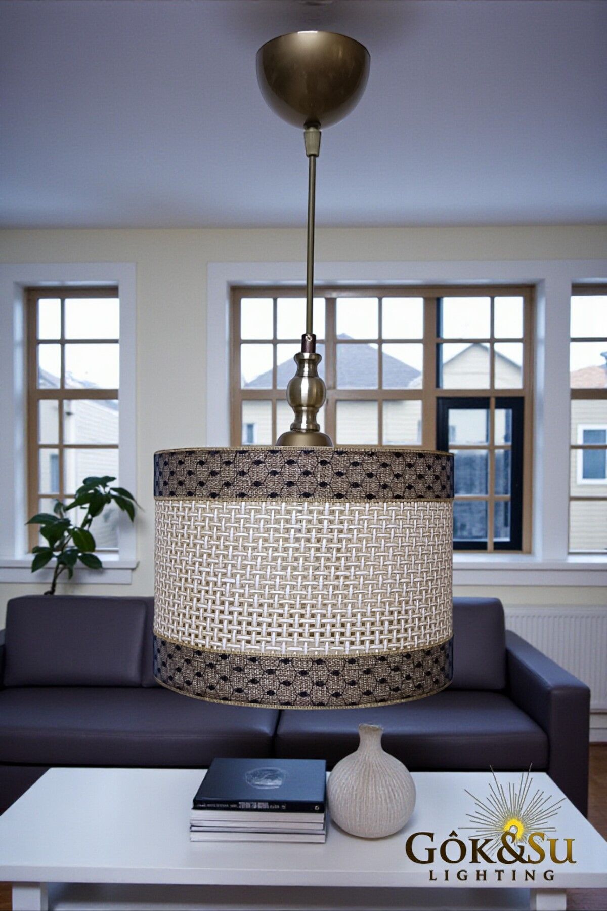 Silindir Kontrast Dokulu - Modern Rustik Hasır Örgü Sarkıt Avize - Naturel Kahverengi