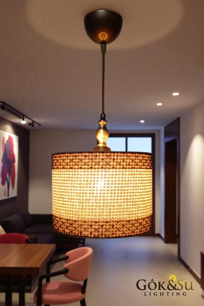 Silindir Kontrast Dokulu - Modern Rustik Hasır Örgü Sarkıt Avize - Naturel Kahverengi