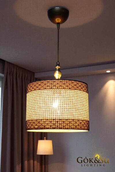 Silindir Kontrast Dokulu - Modern Rustik Hasır Örgü Sarkıt Avize - Naturel Kahverengi