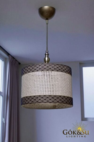 Silindir Kontrast Dokulu - Modern Rustik Hasır Örgü Sarkıt Avize - Naturel Kahverengi