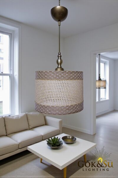 Silindir Kontrast Dokulu - Modern Rustik Hasır Örgü Sarkıt Avize Naturel