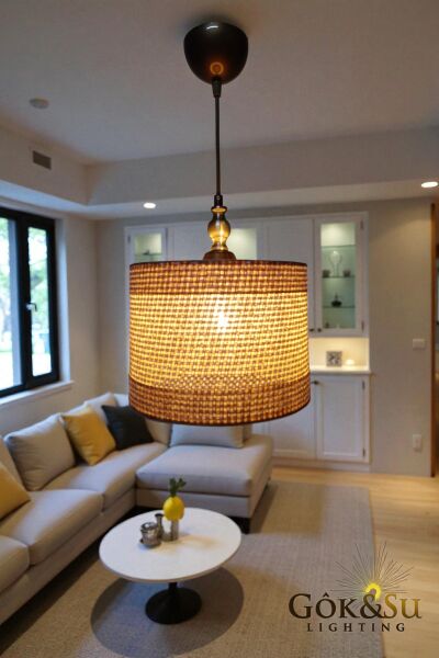 Silindir Kontrast Dokulu - Modern Rustik Hasır Örgü Sarkıt Avize Naturel