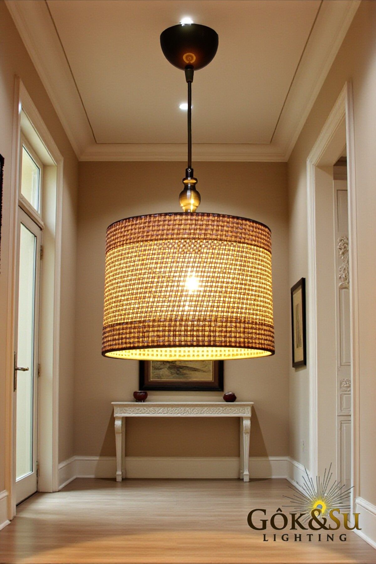 Silindir Kontrast Dokulu - Modern Rustik Hasır Örgü Sarkıt Avize Naturel