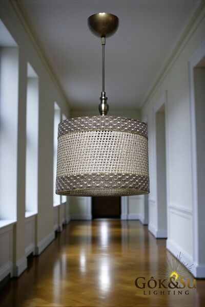 Silindir Kontrast Dokulu - Modern Rustik Hasır Örgü Sarkıt Avize Naturel