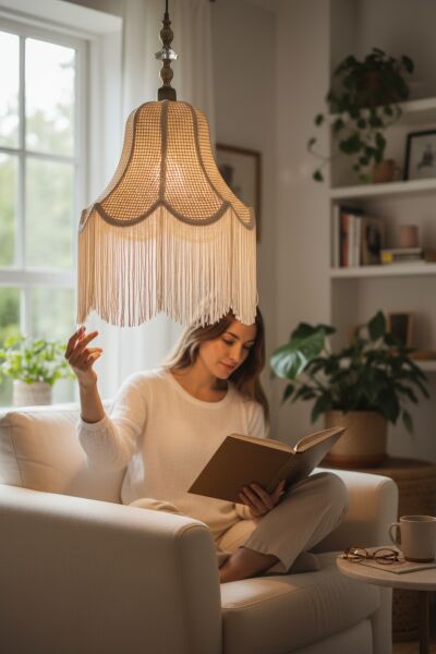 Retro Vintage Rattan Argina Model Püsküllü Sarkıt Avize