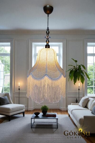 Retro Vintage Rattan Argina Model Püsküllü Sarkıt Avize