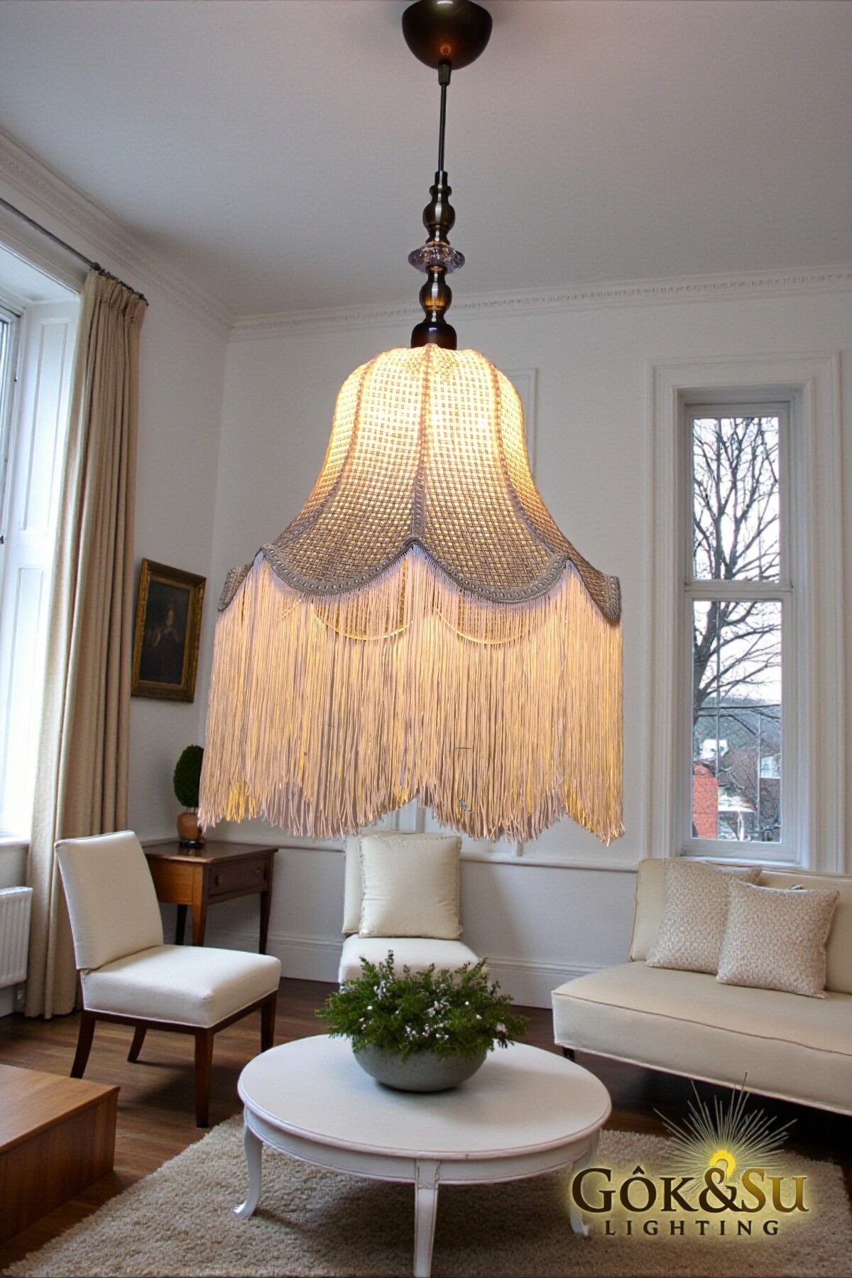 Retro Vintage Rattan Argina Model Püsküllü Sarkıt Avize