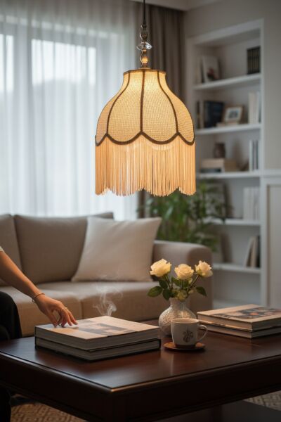 Retro Vintage Rattan Damla Model Püsküllü Sarkıt Avize