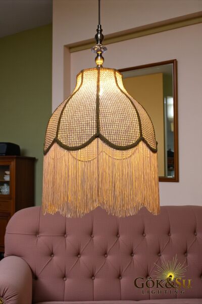 Retro Vintage Rattan Damla Model Püsküllü Sarkıt Avize