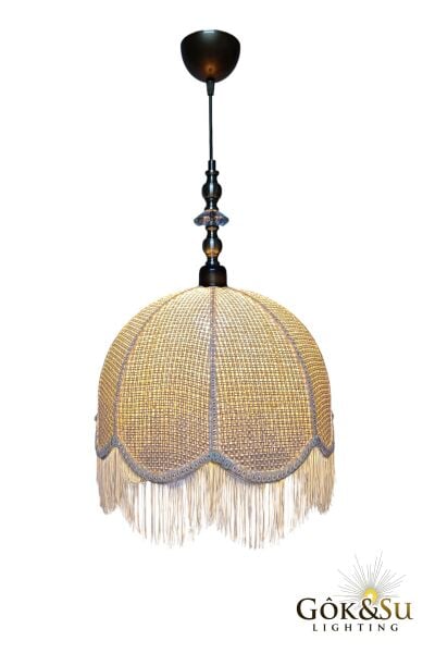 Retro Vintage Rattan Tombik Model Püsküllü Sarkıt Avize