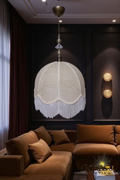 Retro Vintage Rattan Tombik Model Püsküllü Sarkıt Avize