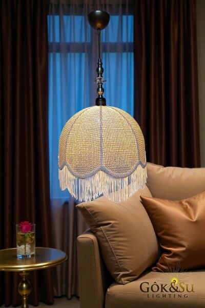 Retro Vintage Rattan Tombik Model Püsküllü Sarkıt Avize