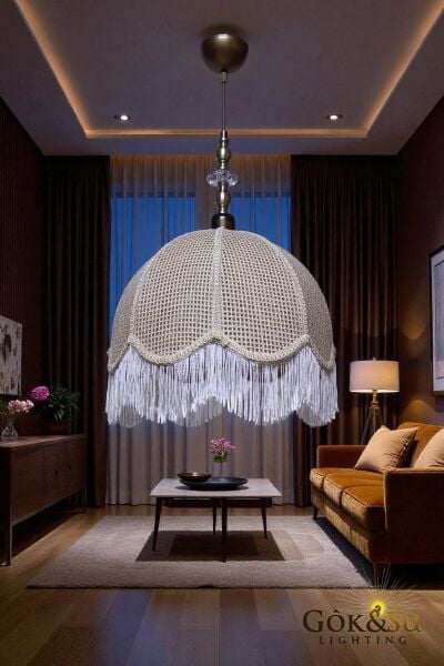 Retro Vintage Rattan Tombik Model Püsküllü Sarkıt Avize