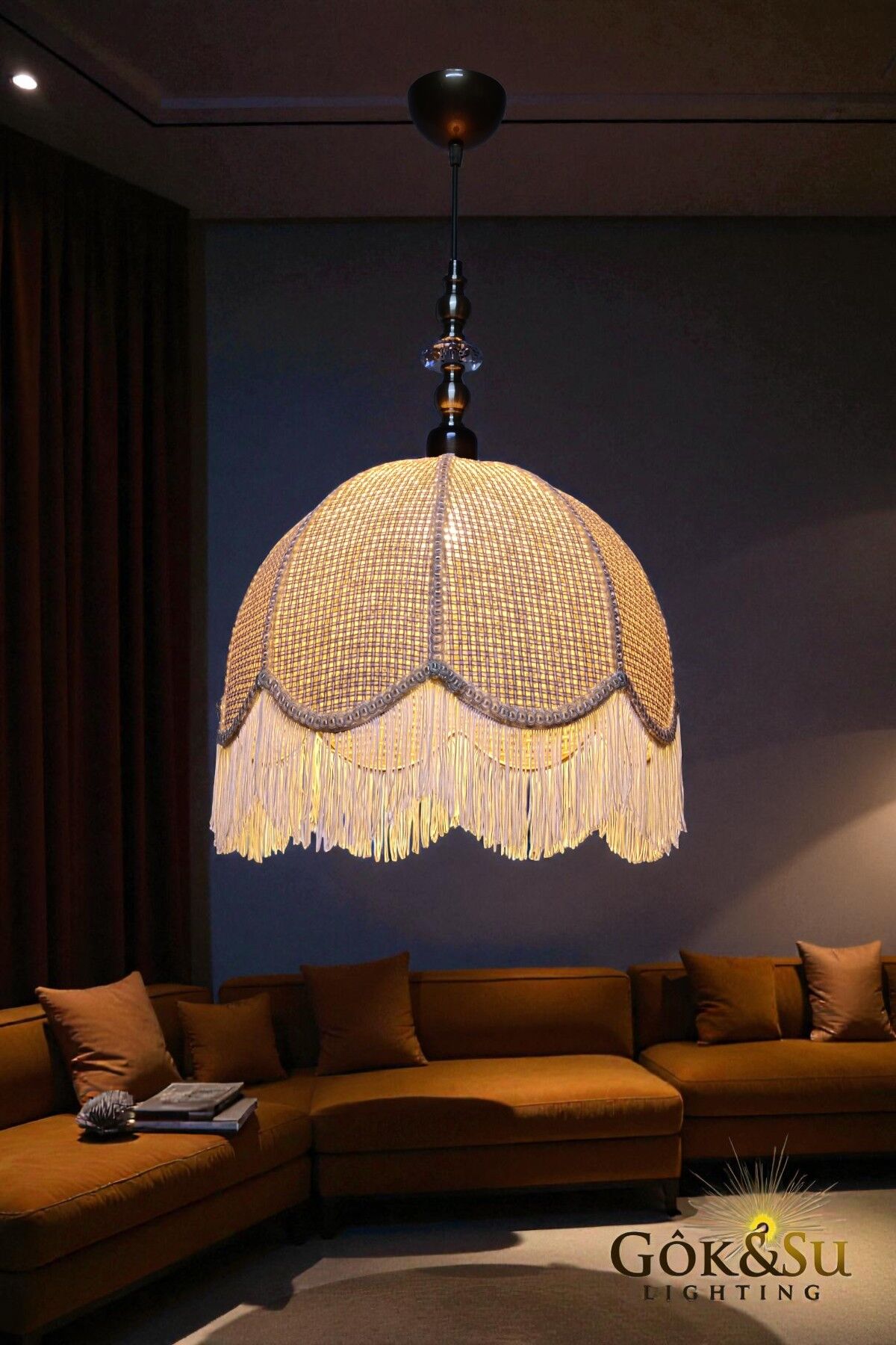 Retro Vintage Rattan Tombik Model Püsküllü Sarkıt Avize