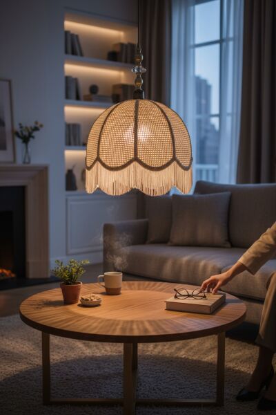 Retro Vintage Rattan Tombik Model Püsküllü Sarkıt Avize