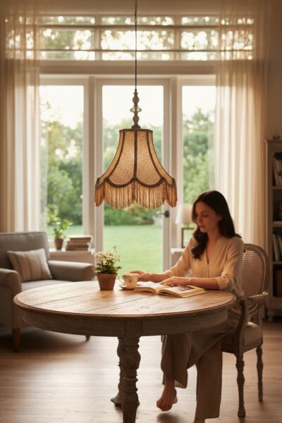 Retro Vintage Rattan Lale Model Püsküllü Sarkıt Avize