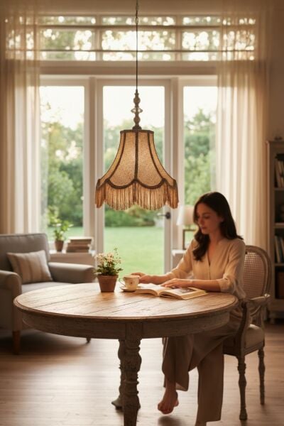 Retro Vintage Rattan Lale Model Püsküllü Sarkıt Avize