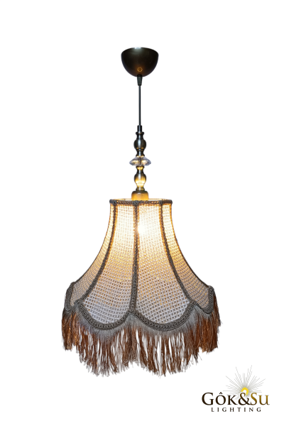 Retro Vintage Rattan Lale Model Püsküllü Sarkıt Avize