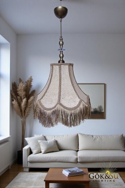 Retro Vintage Rattan Lale Model Püsküllü Sarkıt Avize