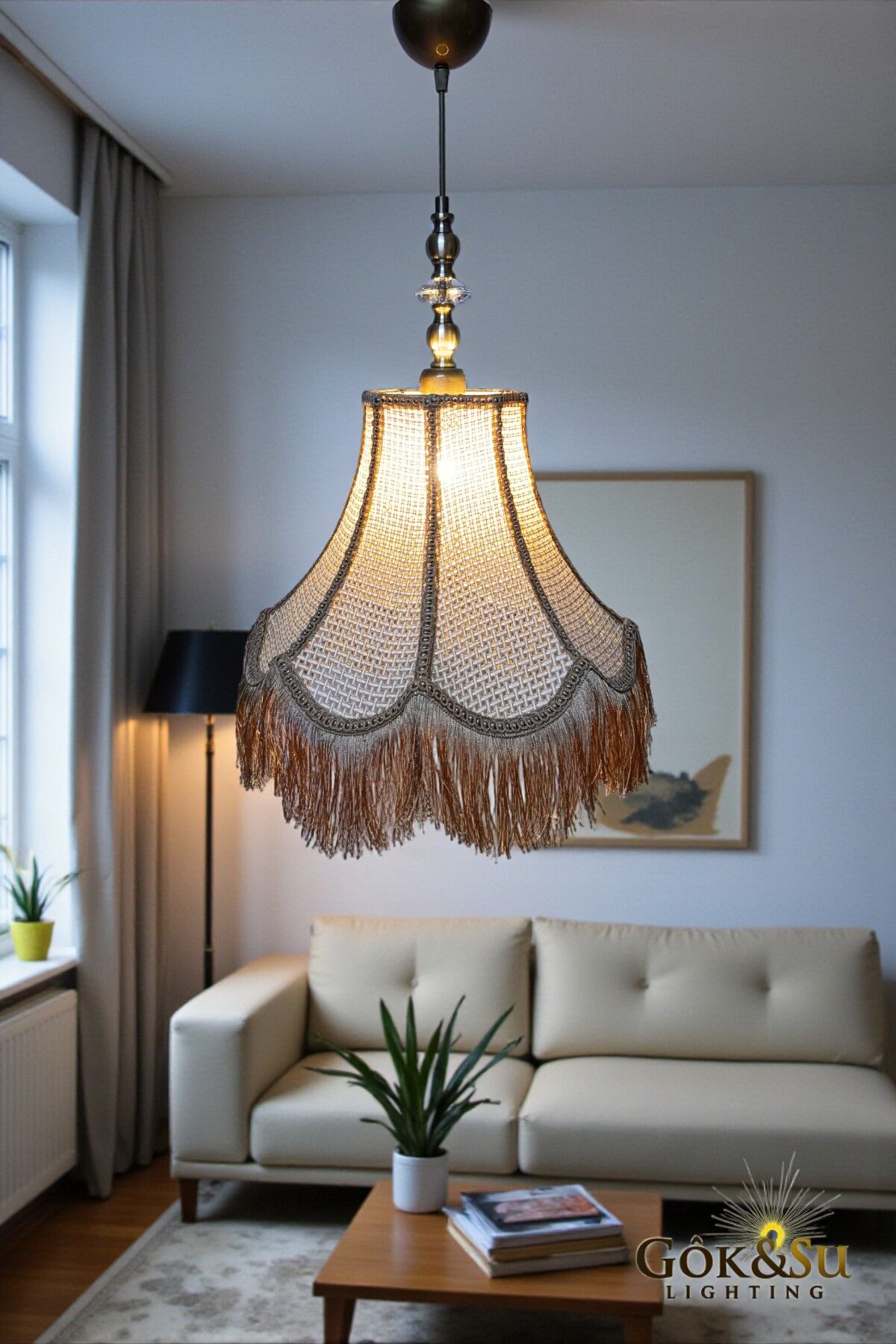 Retro Vintage Rattan Lale Model Püsküllü Sarkıt Avize