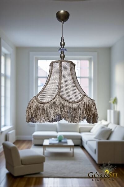 Retro Vintage Rattan Lale Model Püsküllü Sarkıt Avize