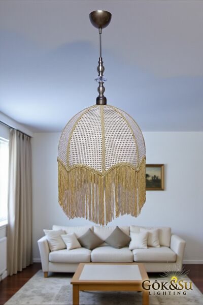 Retro Vintage Rattan Kavuk Model Püsküllü Sarkıt Avize