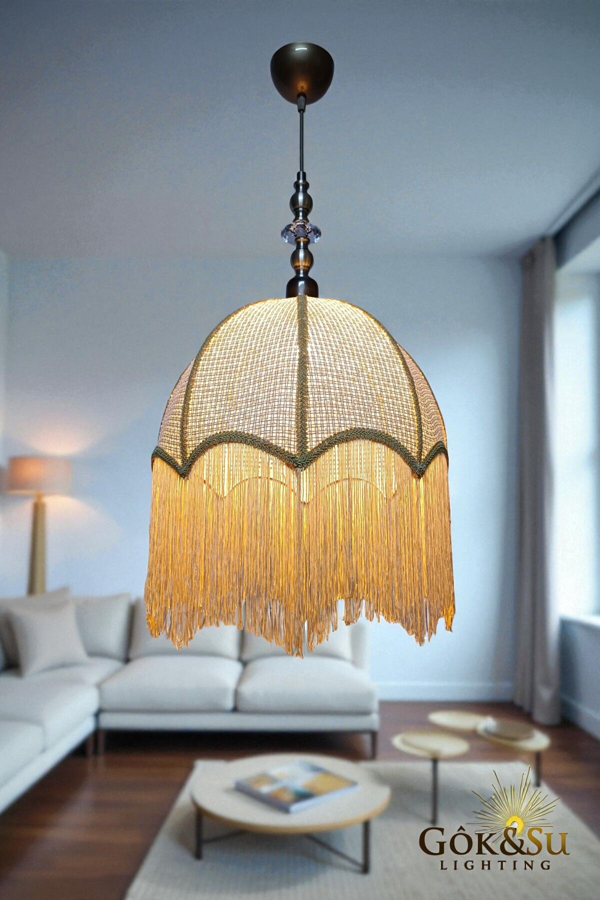 Retro Vintage Rattan Kavuk Model Püsküllü Sarkıt Avize