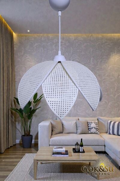 Rattan Desenli Lotus Tasarım Sarkıt Avize Krem Rengi