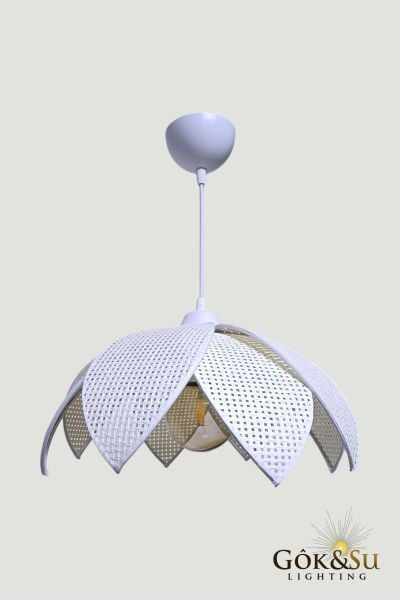 Rattan Desenli Lotus Tasarım Sarkıt Avize Krem Rengi