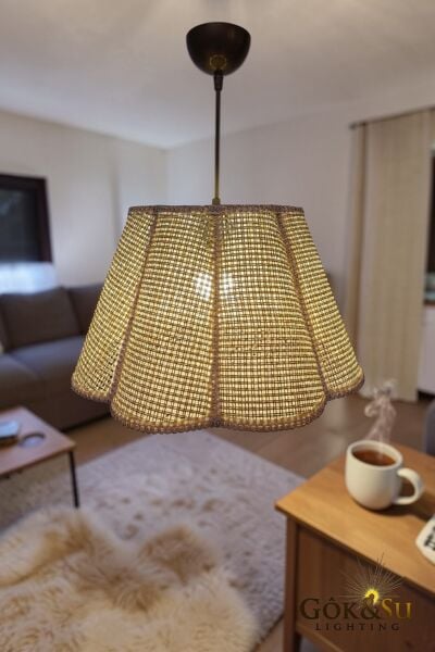 Rattan Naturel Form Dilim Hasır Sarkıt Avize